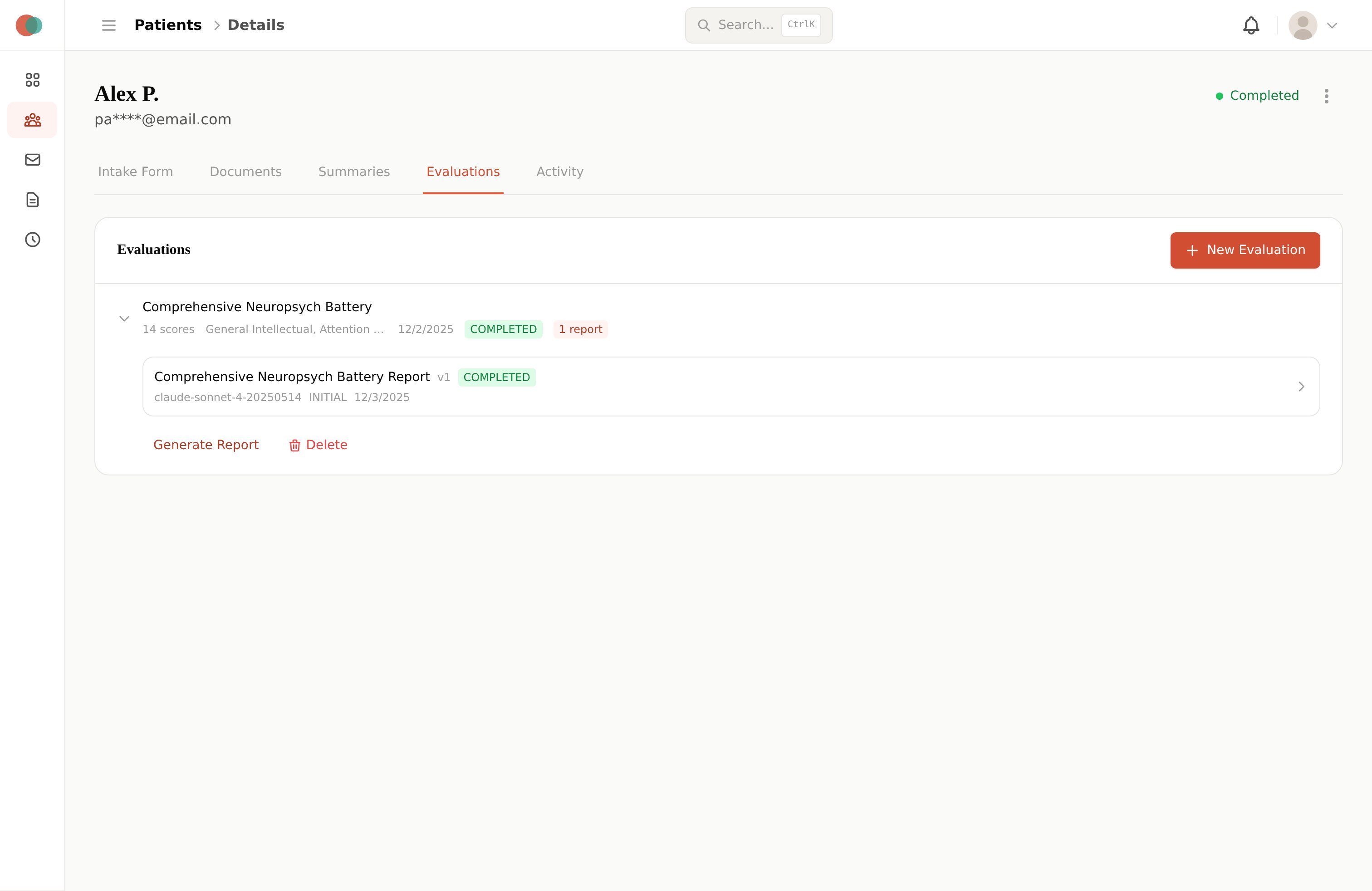 Evaluations tab with test batteries and score tracking