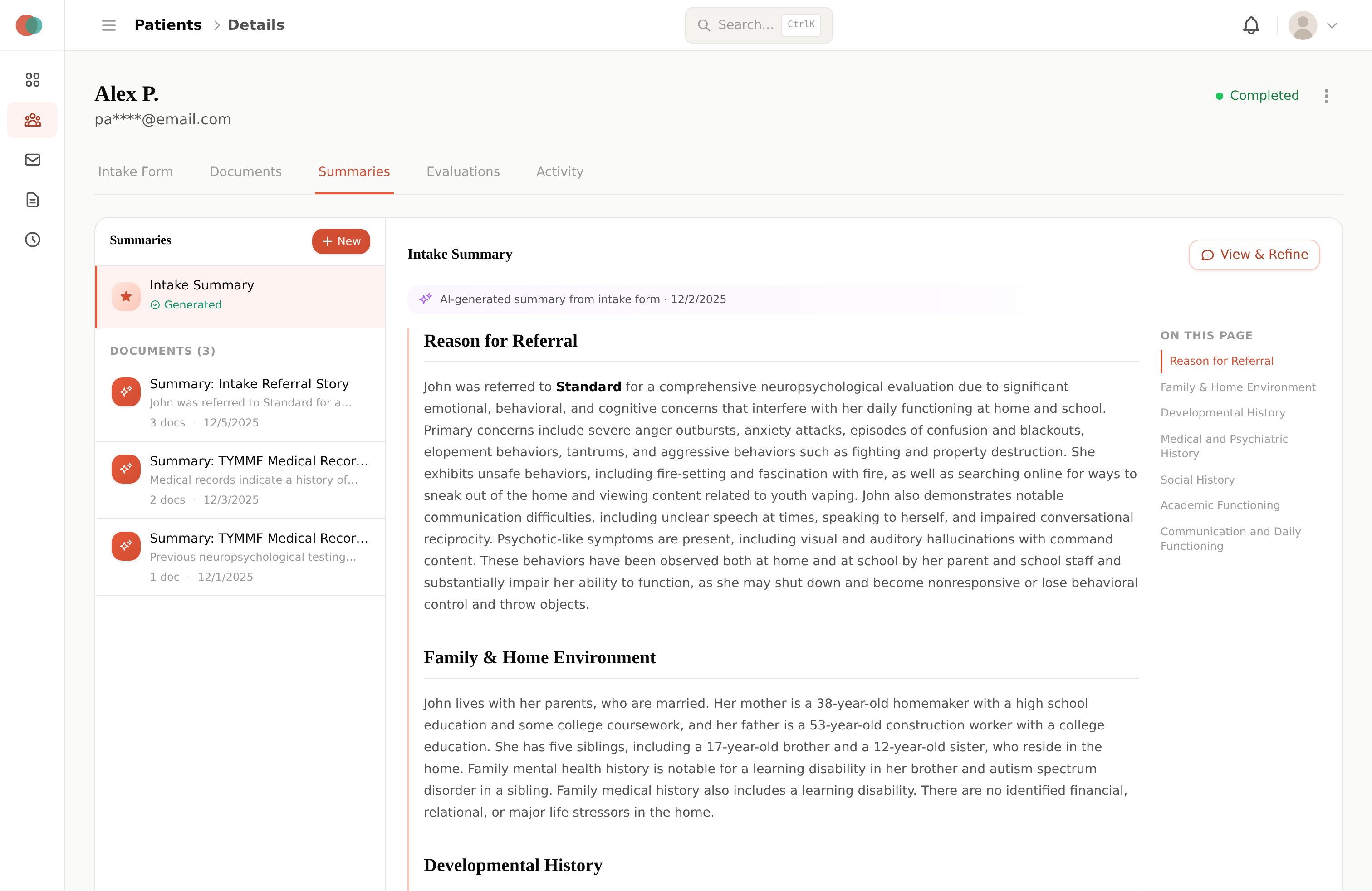Patient intake form with demographic information and completed status