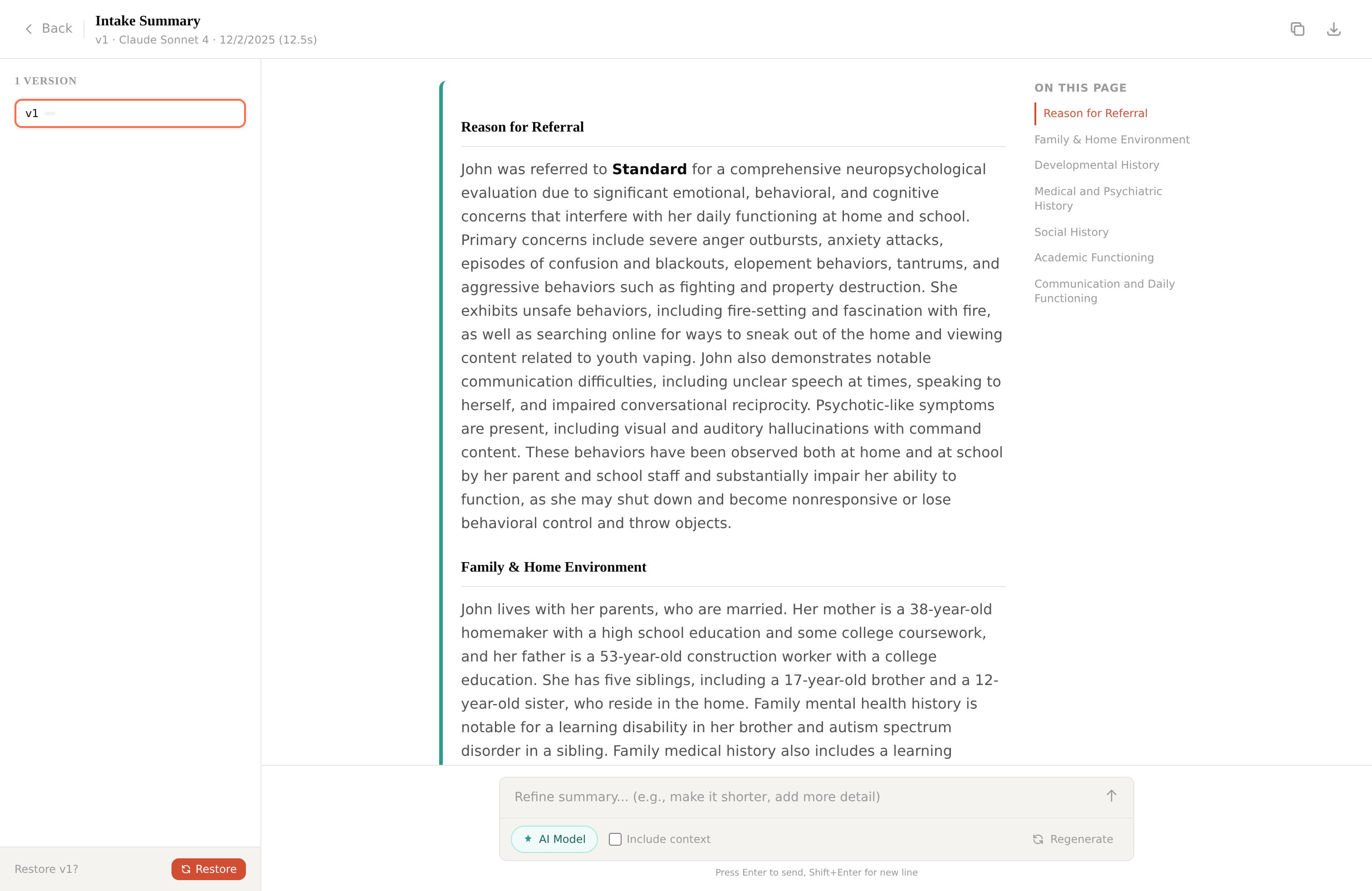 AI-generated clinical summaries with section navigation