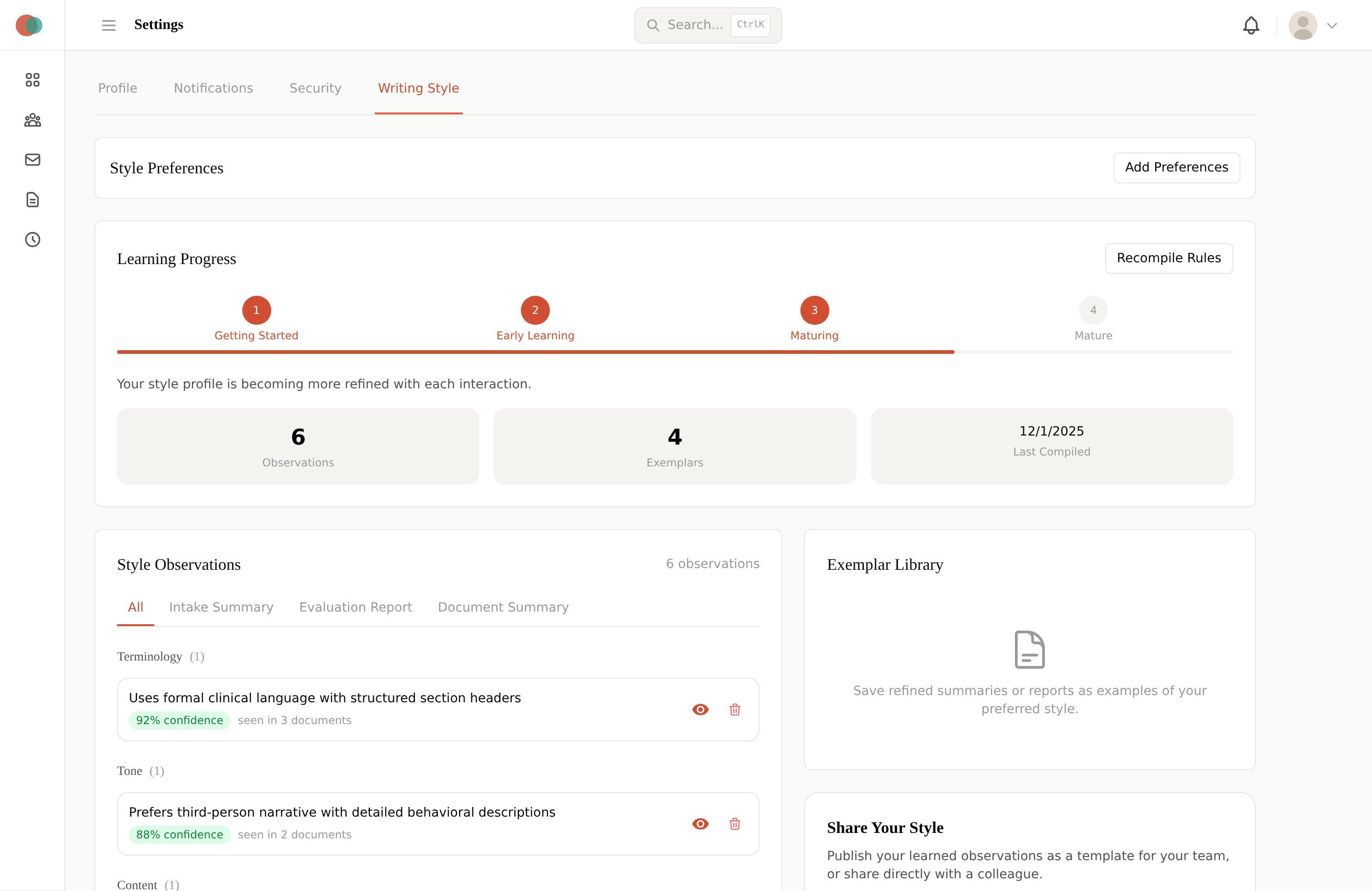 Writing Style settings with learning progress, style observations, and exemplar library
